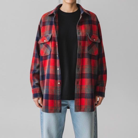 Vintage 100% Wool Shacket Flannel Shirt Grunge Cabincore Plaid Heritage L - Picture 1 of 9